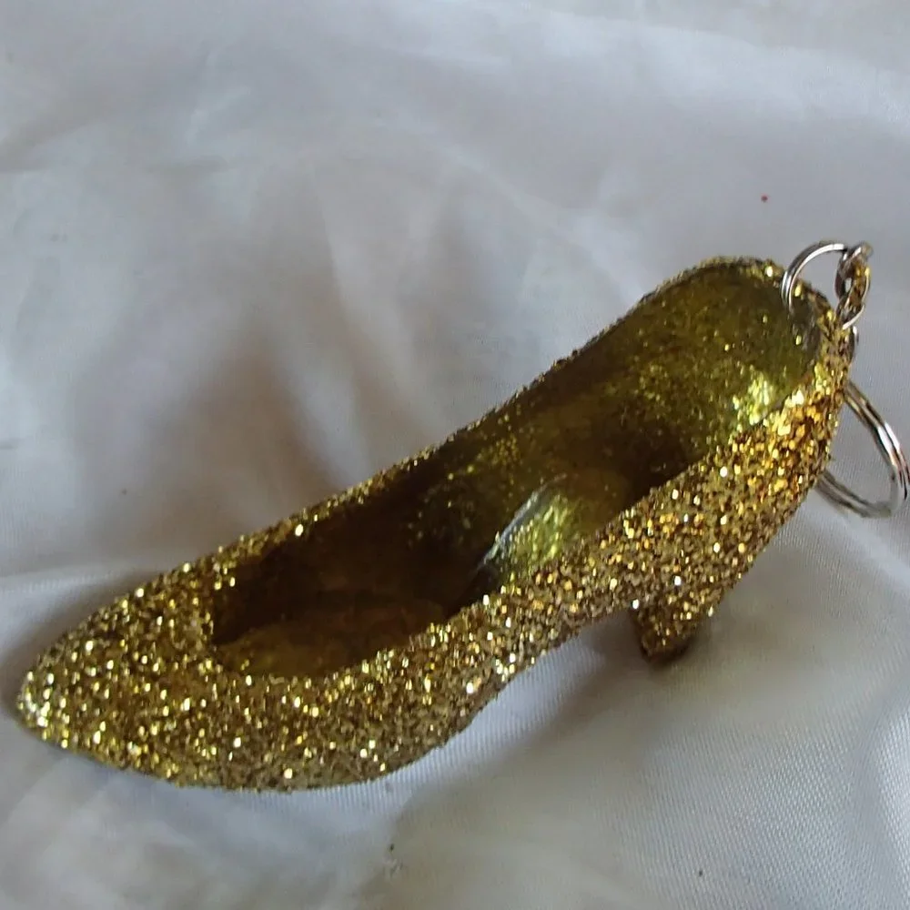 Golden Slipper Shoe Keychain Acrylic Glitter Altered Audi Lee Handcrafted - Picture 3 of 16